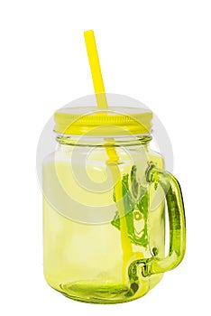 Transparent green glass glass with a straw, on a white background, isolated