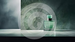 Transparent green glass perfume bottle mockup on pedestal with minimalist