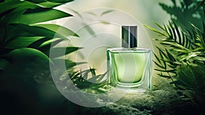 Transparent green glass perfume bottle mockup with plants on background. Eau de