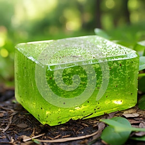 Transparent green glycerin soap with bubbles and aloe vera juice with softening properties
