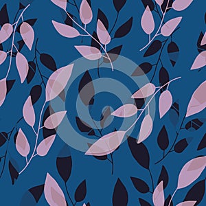 Transparent hand drawn pink and navy branches with leaves. Seamless layered vector pattern on blue background.