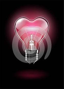 A transparent heart-shaped bulb against a dark background glows with a delicate pink light. Highly realistic illustration