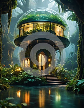transparent hobbit house Capture the breathtaking expanse of an immense floating island adorned photo