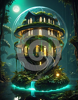 transparent hobbit house Capture the breathtaking expanse of an immense floating island adorned photo