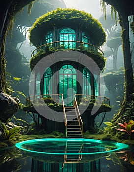 transparent hobbit house Capture the breathtaking expanse of an immense floating island adorned photo