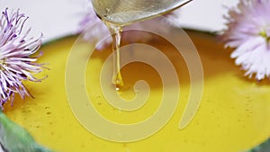 Transparent Honey Pours from a Spoon into a Lid, a Bowl. Close-up. Zoom