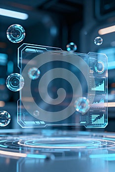 Transparent HUD interface design overlayed on blurred tech background