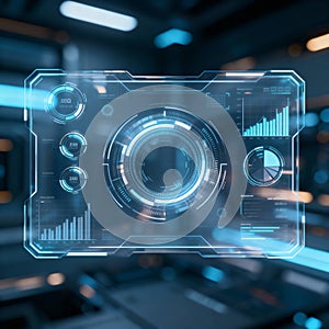 Transparent HUD interface design overlayed on blurred tech background