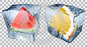 Transparent ice cubes with slices of watermelon and orange