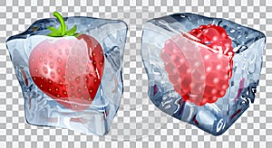 Transparent ice cubes with strawberry and raspberry