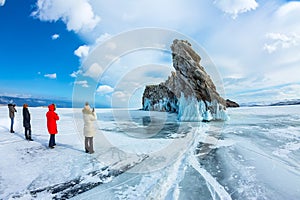 Transparent ice on Lake Baikal near Ogoy island. Siberia, Russia