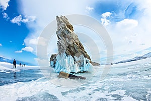 Transparent ice on Lake Baikal near Ogoy island. Siberia, Russia