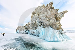 Transparent ice on Lake Baikal near Ogoy island. Siberia, Russia