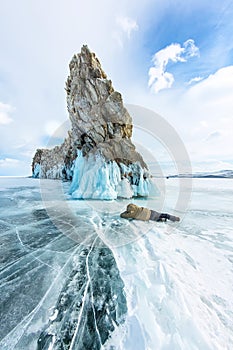 Transparent ice on Lake Baikal near Ogoy island. Siberia, Russia