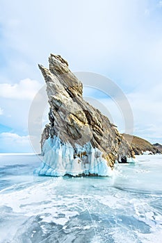 Transparent ice on Lake Baikal near Ogoy island. Siberia, Russia