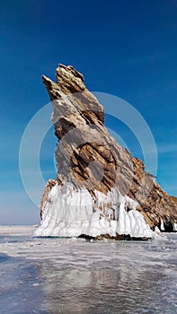 Transparent ice on Lake Baikal near Ogoy island. Siberia, Russia