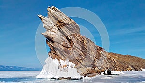 Transparent ice on Lake Baikal near Ogoy island. Siberia, Russia