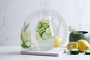 Transparent jar and glass of fresh lemonade with cucumber and lemon. Concept of fitness diet and healthy eating.