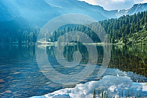 Transparent lake, mountains and forest on their slopes