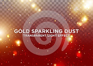 Transparent Light Effect. Gold Sparkling Dust. Design Element for Christmas Celebration. Lens Flare Overlay. Magic Luminous photo
