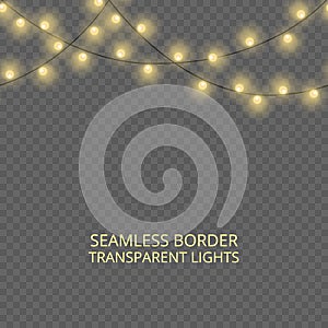 Transparent lights garland, seamless border. Festive decoration, shiny Christmas lights, isolated on transparent background.