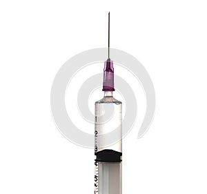 Transparent medical syringe with milliliter markings and sharp needle isolated on white background