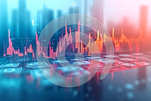 Digital financial data visualization with cityscape background