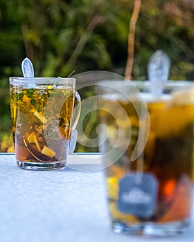 Transparent mug with tea. Brewing tea in bag. Brewing herbal tea. Herbal tea