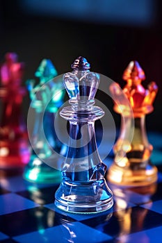 transparent multi-colored chess pieces on a dark