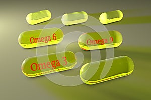 Transparent omega-3, omega-6 and omega-9 capsules. Fish and vegetable oil capsules. Polyunsaturated fatty acids. Vitamin