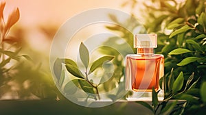 Transparent orange glass perfume bottle mockup with plants on background. Eau de
