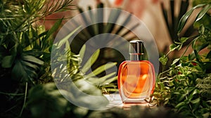 Transparent orange glass perfume bottle mockup with plants on background. Eau de