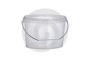Transparent oval plastic bucket with transparent lid, plastic containers on white background, food plastic box isolated on white,