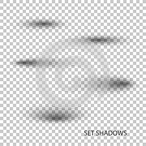 Transparent oval shadow with soft edges isolated on checkered background vector set.