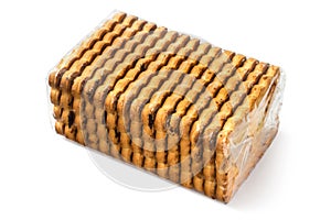 Transparent packaging of rectangular biscuits on a white background.