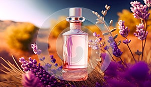 Transparent perfume bottle surrounded with lavender flowers for a beauty product showcase and presentation