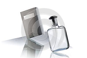transparent perfume spray bottle and packaging box. Mockup on a black and white background