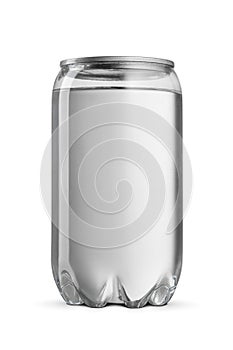 Transparent PET can with clear drink isolated on white