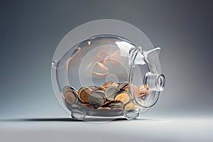 Transparent piggy bank with coins. Glass moneybox filled with coins. Deposit, saving money, investment concept. Family budget,