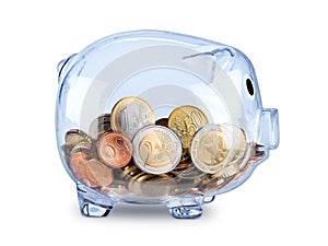 Transparent piggy bank filled with euro coins