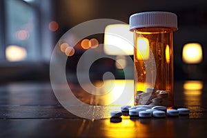 A transparent pill bottle containing medication pills is seen resting on top of a solid wooden table, A symbolic representation of