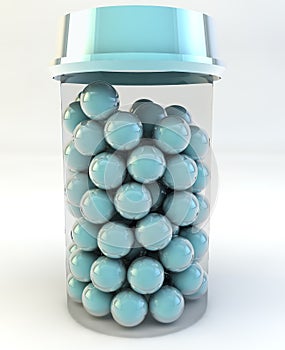 Transparent pill bottle filled round tablets