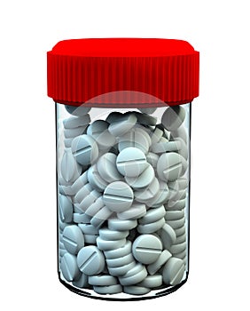 Transparent pill bottle filled with tablets