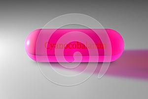 Transparent pink cyanocobalamin capsule. Vitamin and mineral complex. Medical background. 3d illustration photo