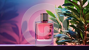 Transparent pink glass perfume bottle mockup with plants on background. Eau de