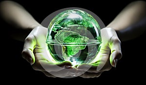 Transparent planet earth in hands. Ecology and environment concept. AI generated photo