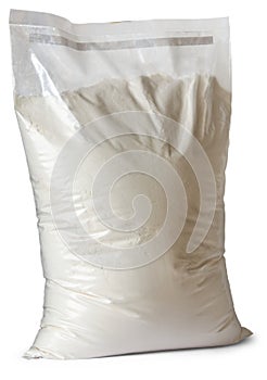 transparent plastic bag of flour isolated