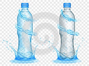 Transparent plastic bottles with water crowns and splashes