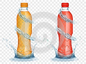 Transparent plastic bottles with water crowns and splashes