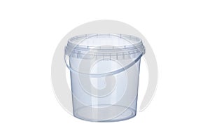 Transparent plastic bucket with transparent lid - 1000 ml, plastic containers on white background- , food plastic box isolated on